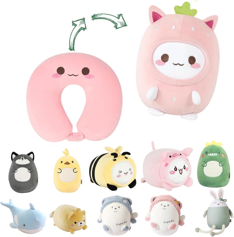 stocaggio Kids Travel Pillow - 2-in-1 Deformable Kids Neck Pillow for Traveling, Soft U-Shaped Pillow with Adorable Animal Design, Comfy Sleep and Play, Ideal for Airplanes and Traveling (Pink Strawberry) - Image 1